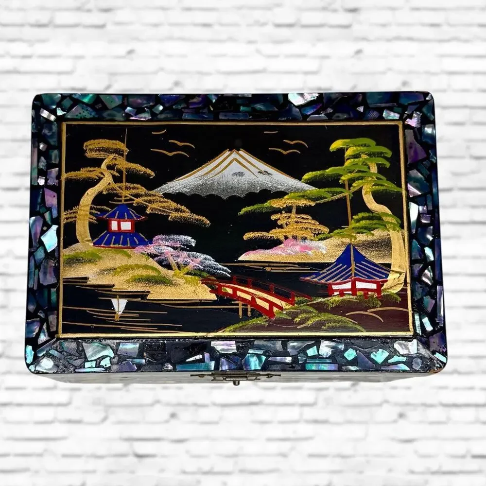 Vintage Japanese Music Box Wooden Lacquer Jewelry Abalone Inlay Trinket KK Japan